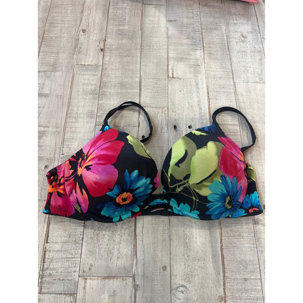 Victoria's Secret Floral Padded Underwire Bra Black Pink Blue 38C Romantic Bold